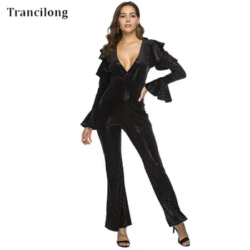 

Trancilong New Track flashing black sequined jumpsuit female sensual deep V-neck ruffled sleeves jumpsuit tights jumpsuit