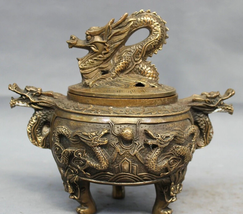 

8" Chinese Copper Bronze Home Folk Dragon Head Ball Statue Incense Burner Censer