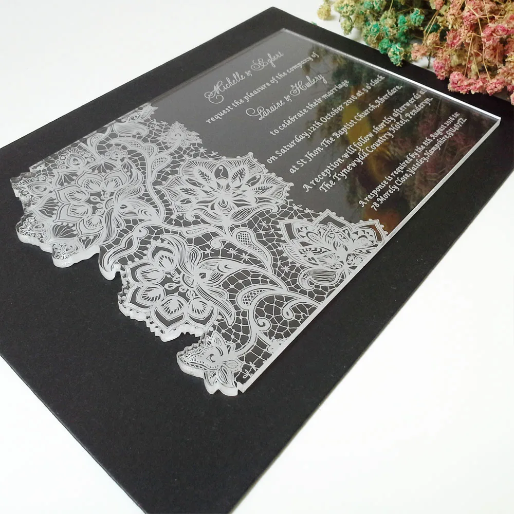  Customized 180*120mm laser engraved lace pattern clear acrylic wedding invitation card (1lot=100pcs - 32765591710