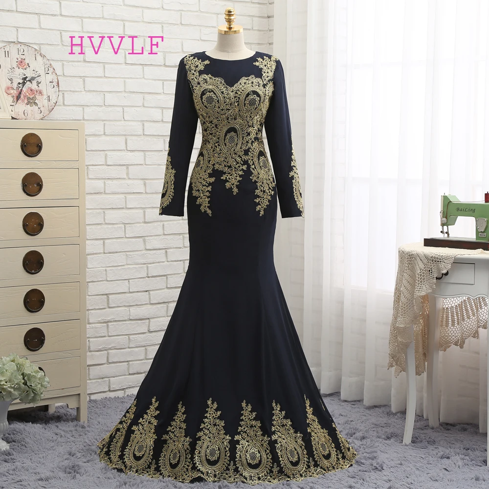 

HVVLF Muslim Evening Dresses 2019 Mermaid Long Sleeves Chiffon Appliques Lace Elegant Long Evening Gown Prom Dress Prom Gown
