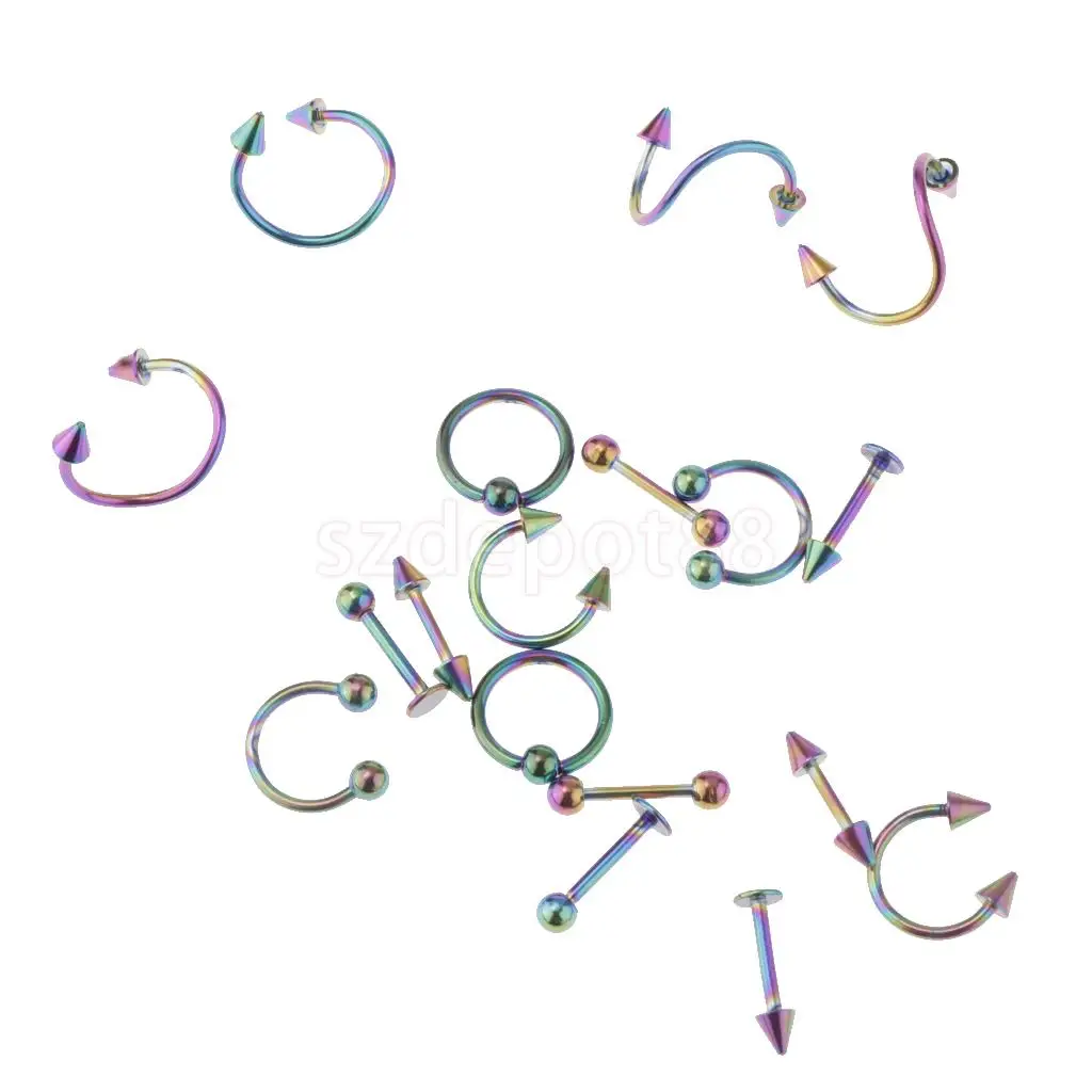 16 Pieces 16g Stainless Steel Assorted Eyebrow Ear Lip Navel Ring Body Piercing Kit