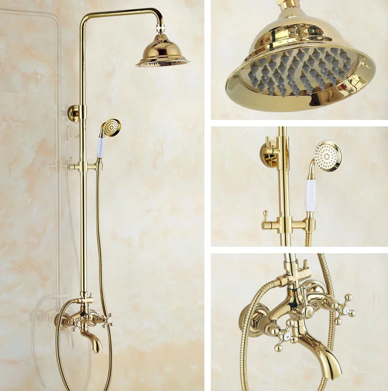 

Luxury Polished Gold Color Brass Dual Cross Handles Bathroom Round Rain Shower Faucet Set Bath Tub Mixer Tap Wall Mounted mgf456