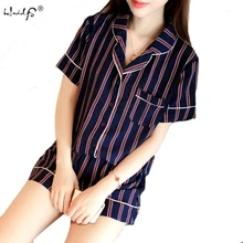 Летняя Новинка года, женские пижамы с отложным воротником, одежда для сна, 2 предмета, пижамный комплект, рубашка+ шорты, повседневный пижамный комплект в полоску, домашняя одежда