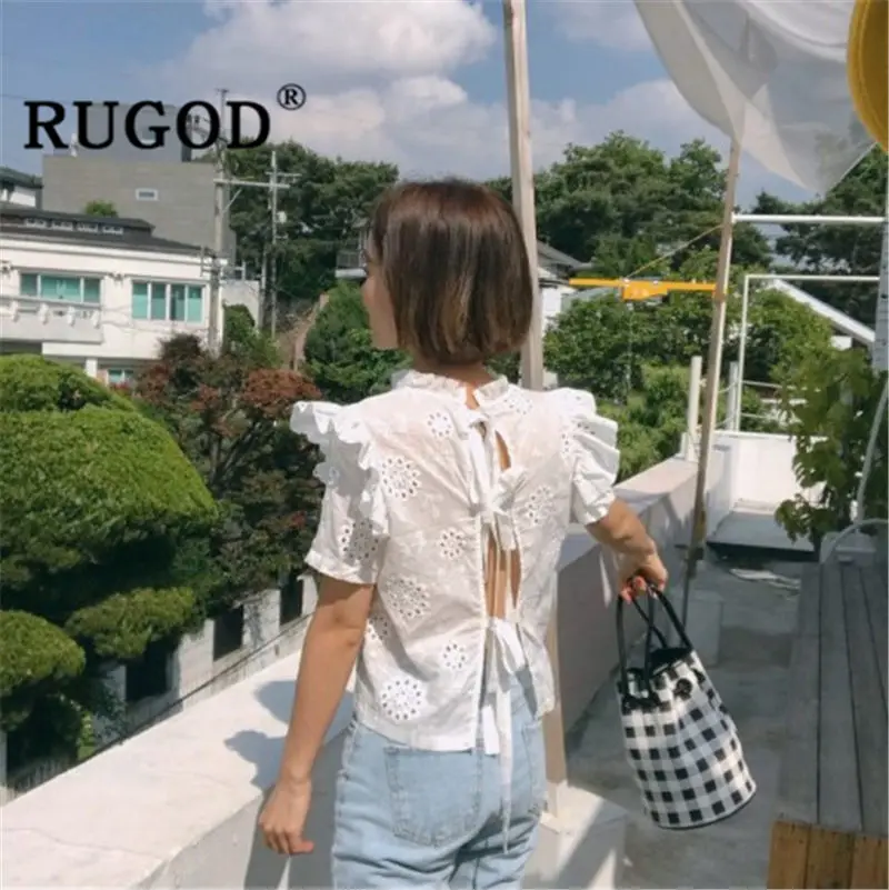 RUGOD 2019 летняя одежда полые кружевные женские топы и блузки с коротким рукавом