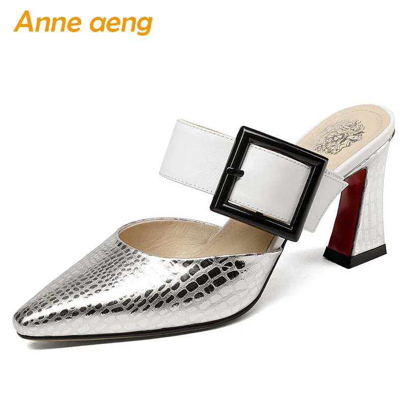 

2019 New Summer Genuine Leather Outside Women Slippers High Heel Pointed Toe Buckle Sexy Ladies Women Shoes Silver Mules Slides