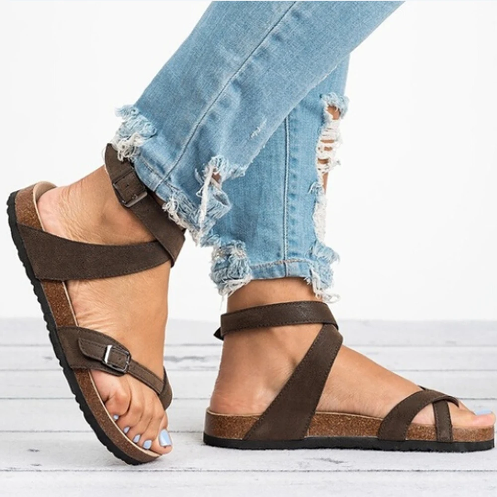 

Women's Sandals Shoes Summer Toe Thick Flat Solid PU Casual Girl Beach Female Flops Ladies Footwear Women Black Brown 35-43