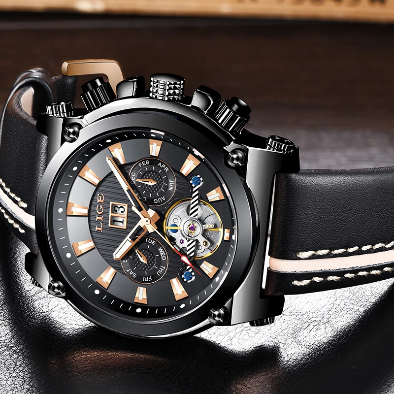 

LIGE Mens Watches Tourbillon Automatic Mechanical Watch Fashion Business Waterproof Watch Casual Leather Clock Relogio Masculino