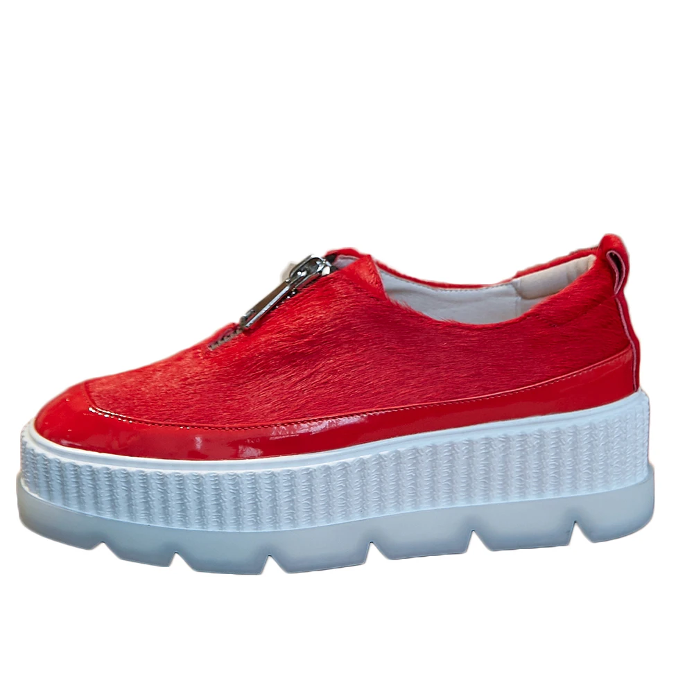 

RIBETRINI Brand Design Patent Leather Horsehair Flat Platform Woman Shoes Girls Zipper Loafers Leisure Shoes Woman Flats