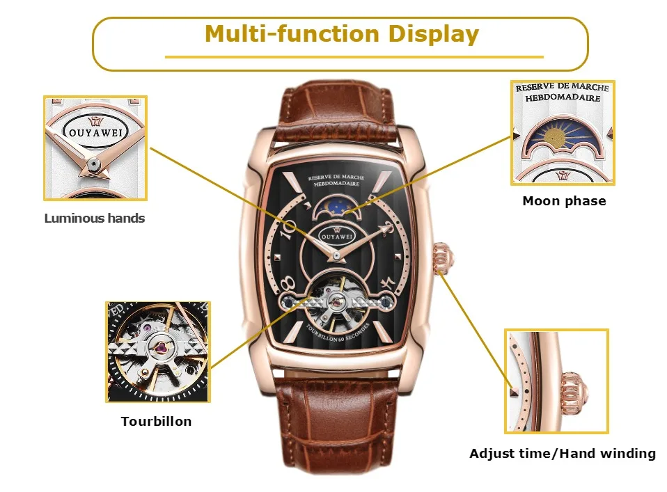 Роскошные OYW модные автоматические мужские механические часы Tourbillon деловые часы Tonneau Форма кожаные Наручные часы Relojes Hombre
