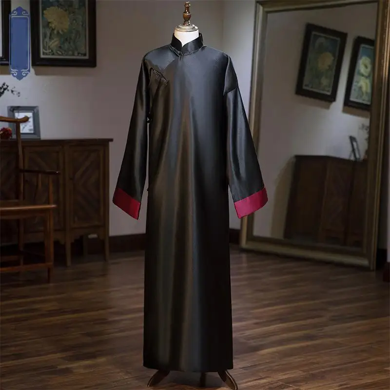 Черный воротник мандарина мужские костюмы Cheongsam Китайский Стиль классический древний длинный костюм Тан винтажное свадебное платье на пуговицах - Цвет: Черный