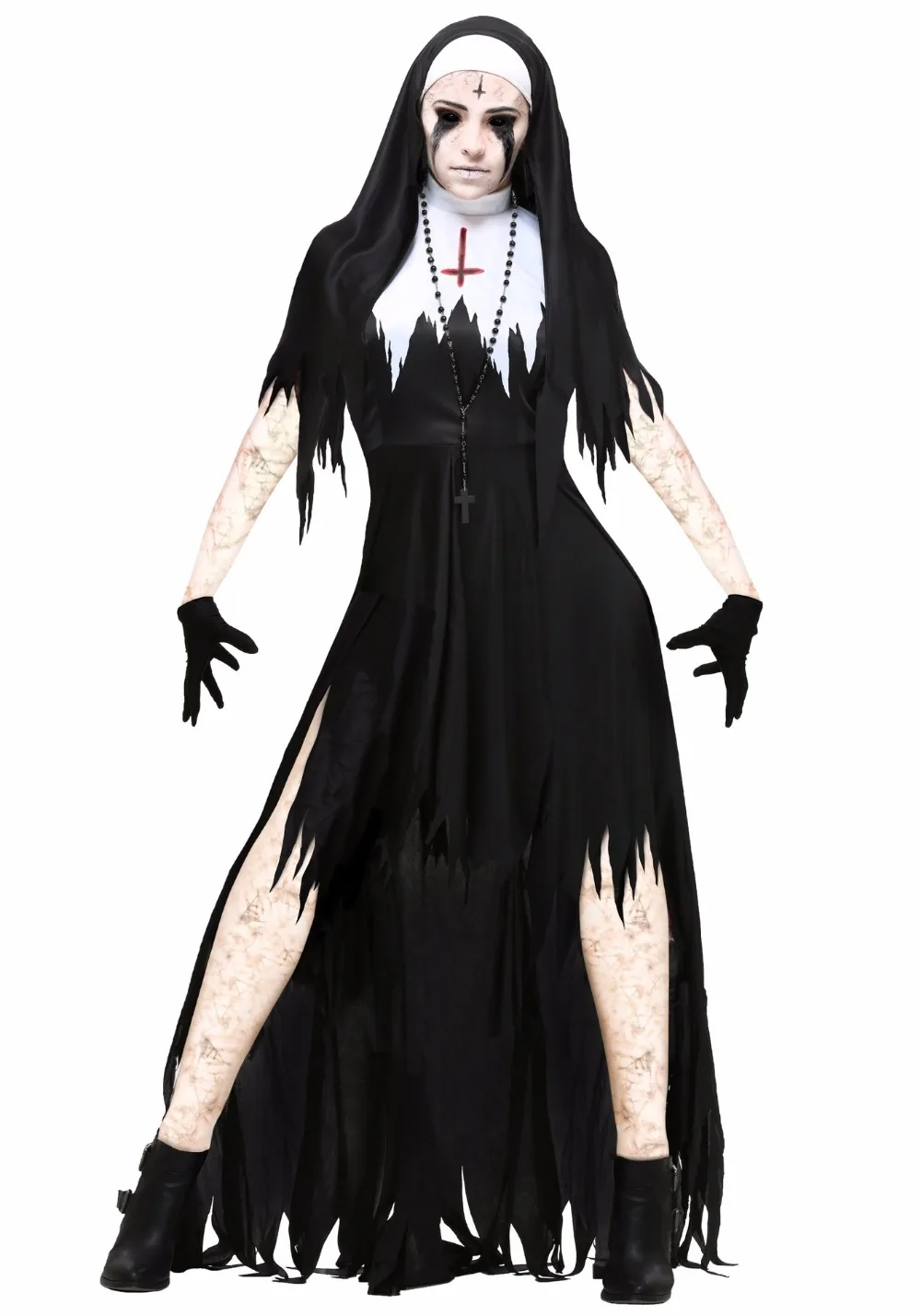 Сексуальный костюм монахини взрослых Для женщин Косплэй с Чулки для женщин черный балахон для Хэллоуина сестра Косплэй партия Вампир Демон костюм
