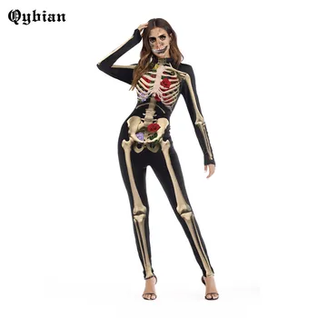 

Qybian long Sleeve badysuits High Waist Jumpsuits for Women Autumn Winter Overalls Skeleton Print Halloween Lady Tight Rompers