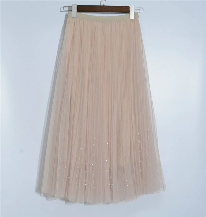 Женская Тюлевая плиссированная длинная юбка принцессы для свадьбы, выпускного вечера, Бисероплетение из буфтановой сетки, летние модные юбки с жемчугом - Цвет: 4