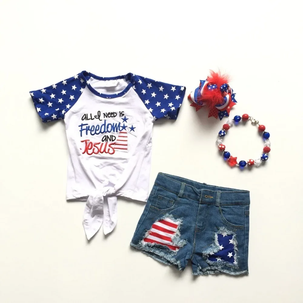 

July 4th independence day girls Jeans shorts children clothes boutique ALL U NEED IS FREEDOM AND JESUS denims match accessories