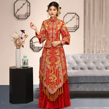 

Classic Embroidery Dragon Oriental Qipao Chinese Lady High Quality Rhinestone Cheongsam Suit Gold Tassels Bride Wedding Dress