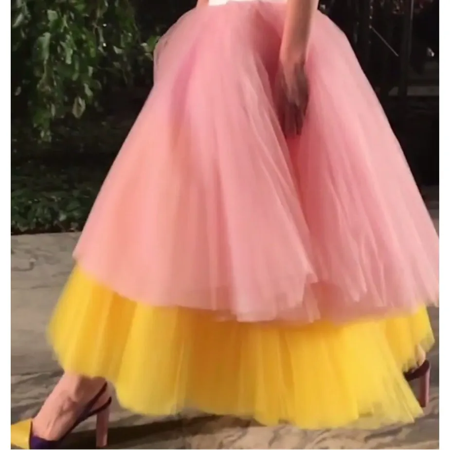 4668 25 De Réductionchic Luxuriant Tulle Jupe 2017 Rose Et Jaune Cheville Longueur Mélange Couleur Tulle Jupes Pour Femmes Sur Mesure Zipper Style