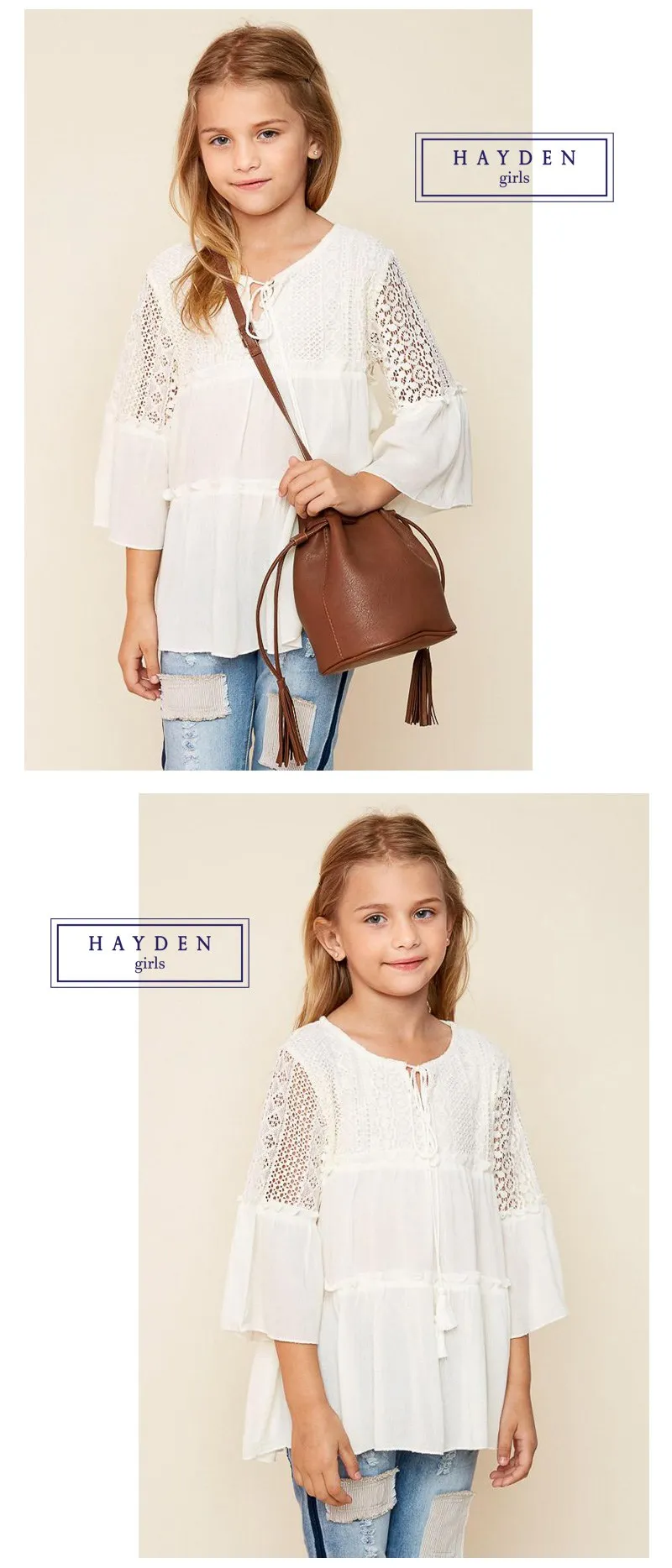 Lace Trim Peasant Top for girls G3212-5
