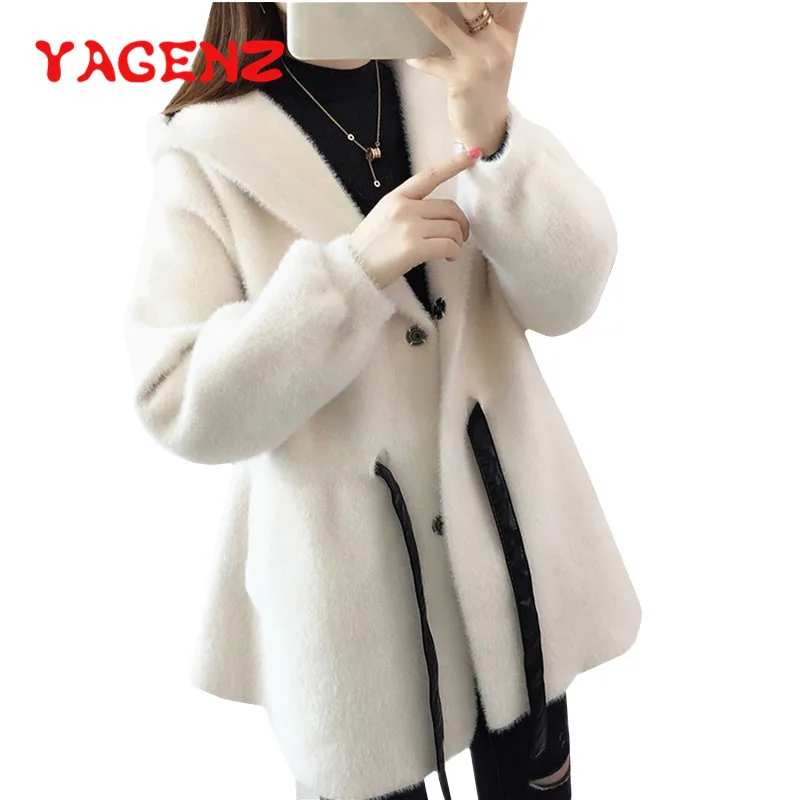 

YAGENZ Spring Autumn Knitted Sweater Women Long Coat Hooded Cardigan Sweater Imitation mink cashmere Single-breasted Sweater 225