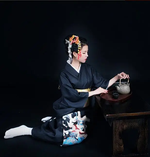 Черное японское женское кимоно Официальный халат традиционное кимоно|japanese women