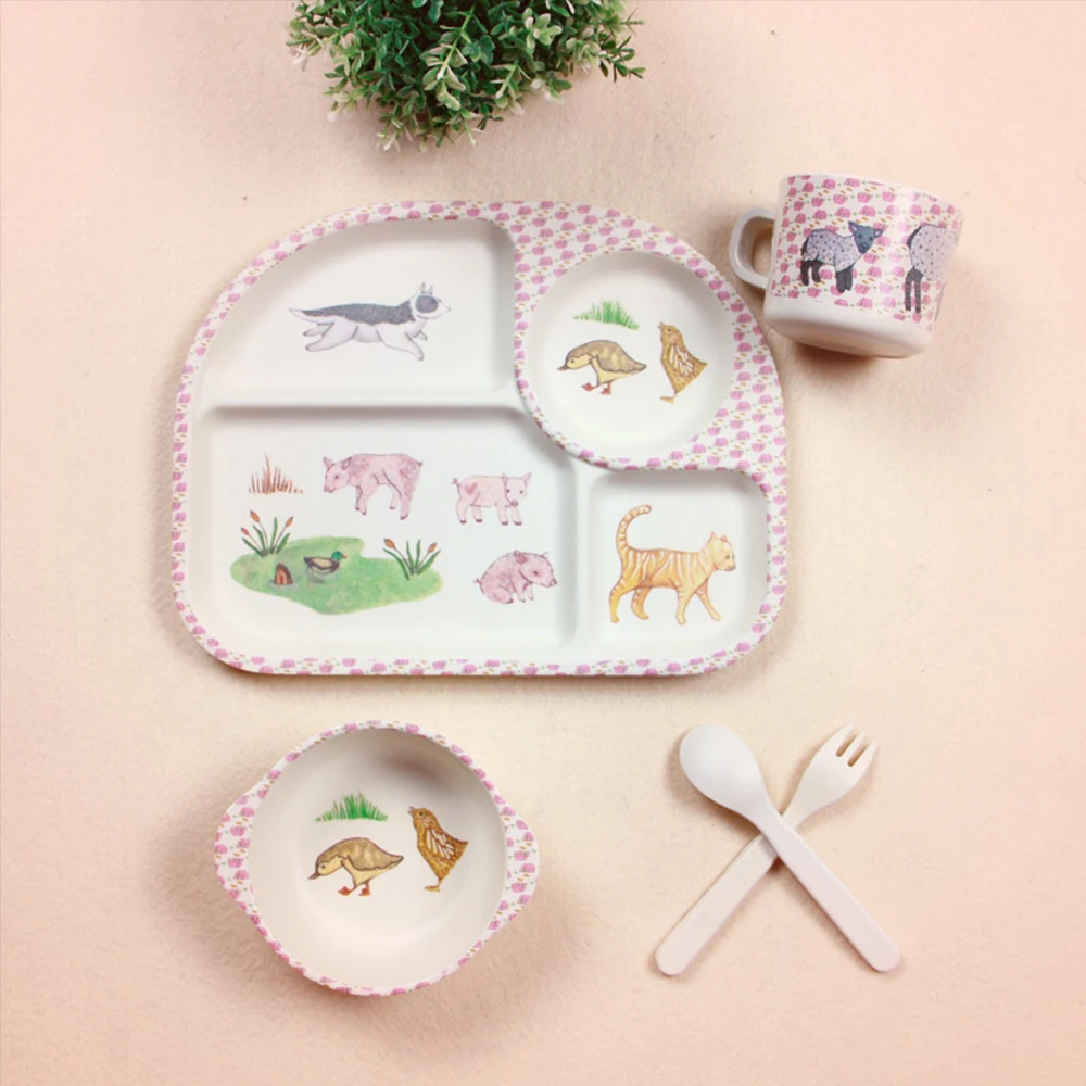 

Cartoon Baby Dishes Bamboo Fiber Sub-grid Plates Creative Irregular Children Tableware For Infant Toddler Kids Feeding Utensils