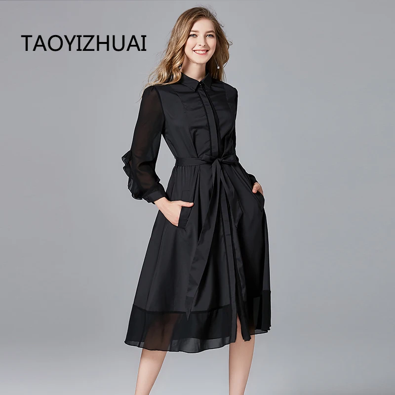 Женское длинное платье TAOYIZHUAI черное драпированное с поясом и отложным