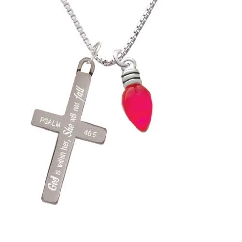 Christmas Lights - Hot Pink Resin - She will not Fall - Cross Necklace (1)