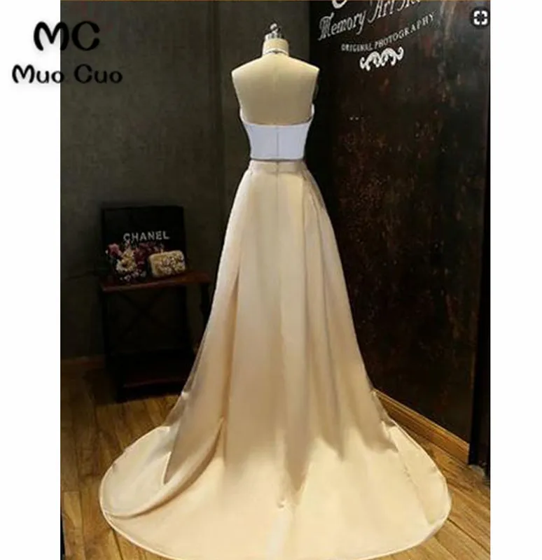 Elegant A Line Round Neck Backless Satin White and Champagne Long Prom Dresses with Court Train, Formal Evening Dresses4