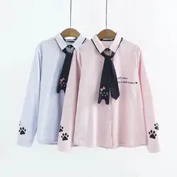 2018 Весна Для женщин рубашка элегантный дизайн милый галстук Cat с вышивкой с надписями в Вертикальную Полоску кофта с длинными рукавами