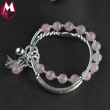 Розовый кристалл круглый Бусины цепи Настоящее 925 серебро Кисточкой Белл Вырезка узор Винтаж листьев Свадьба браслет Для женщин