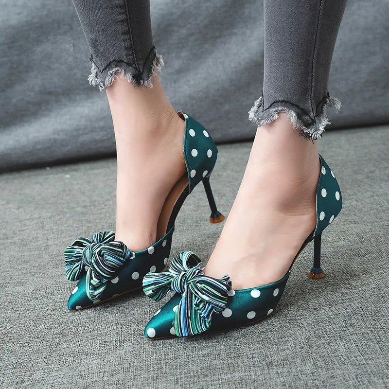 

Elegant Girls Cotton Sandals High Heels Women Bowknot Polka Dots Summer Female Sexy Stiletto High Heels Bridesmaid Shoes A200