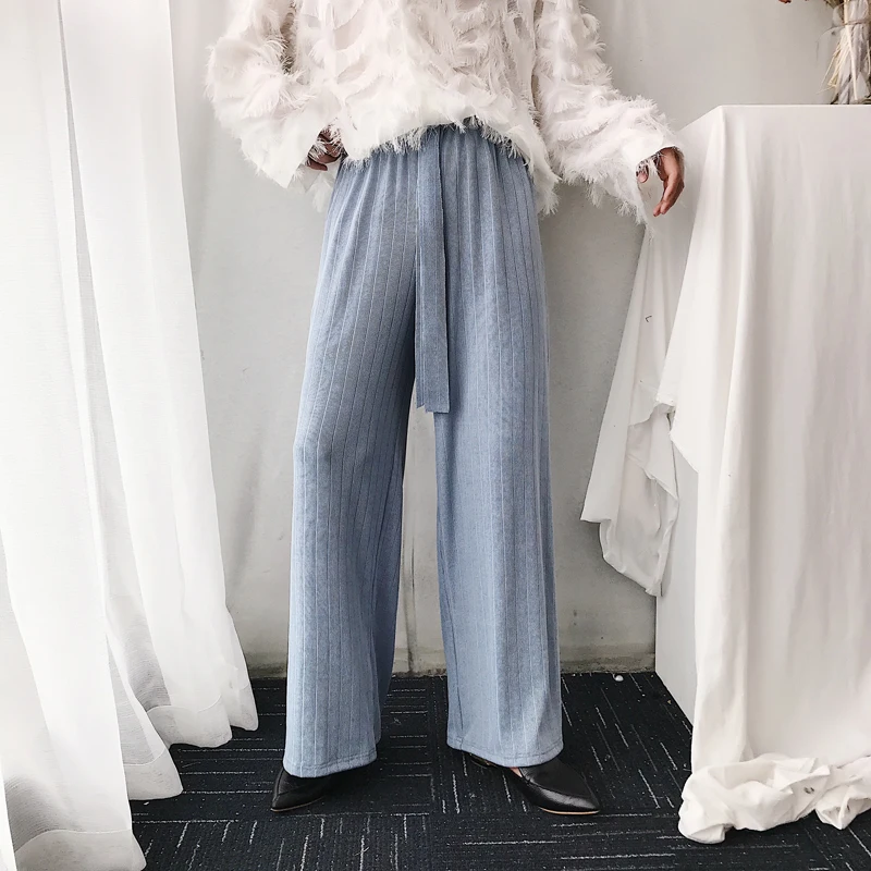 

Men Knitted Fashion Casual Straight Pant Couple Vintage Style Elastic Loose Comfortable Wide Leg Pants Male Solid Harem Trousers