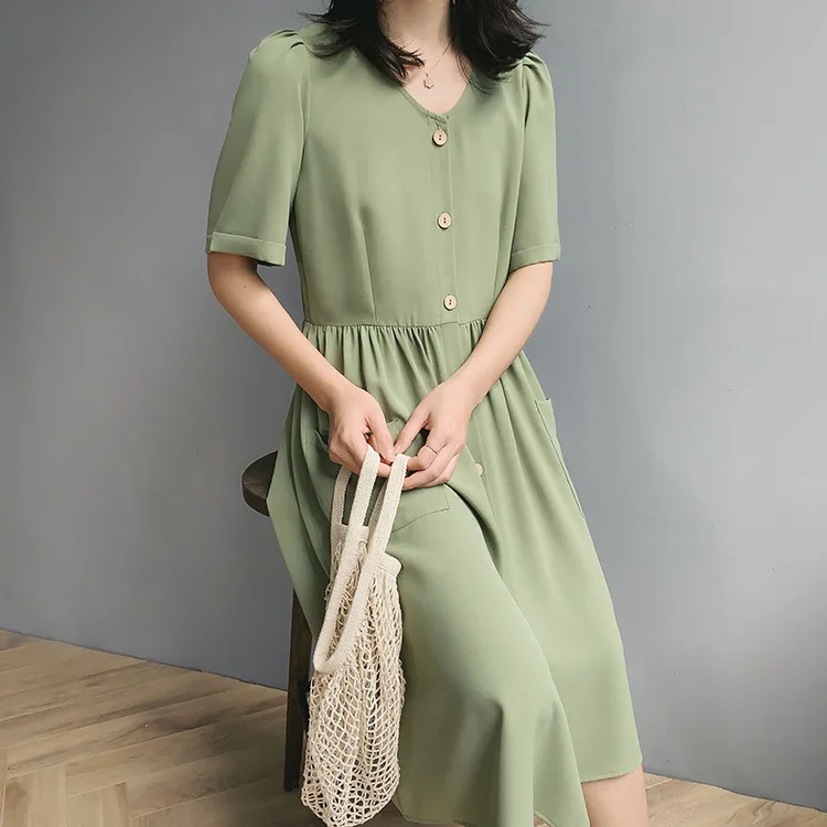 

2019 Summer Long Short Sleeve Casual Dress Green Fashion Solid V Neck Midi Waisted Dresses Knee Length