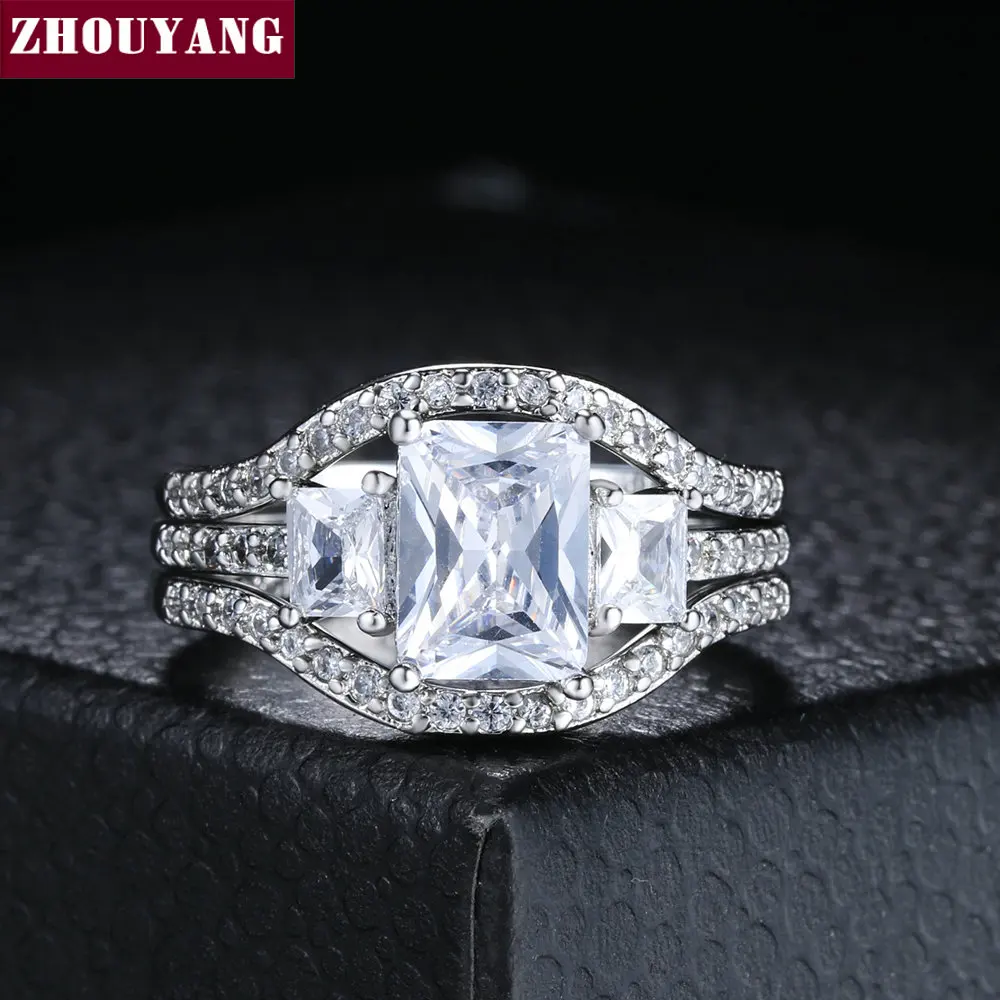 

ZHOUYANG Wedding Ring Sets For Women Luxury 3 Rounds Square Cut Big Cubic Zirconia Silver Color Gift Fashion Jewelry YG009