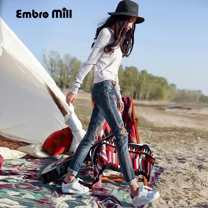 

Embro Mill women floral slim Jeans pants vintage royal embroidery lady beautiful Chinese style autumn trousers female S-3XL