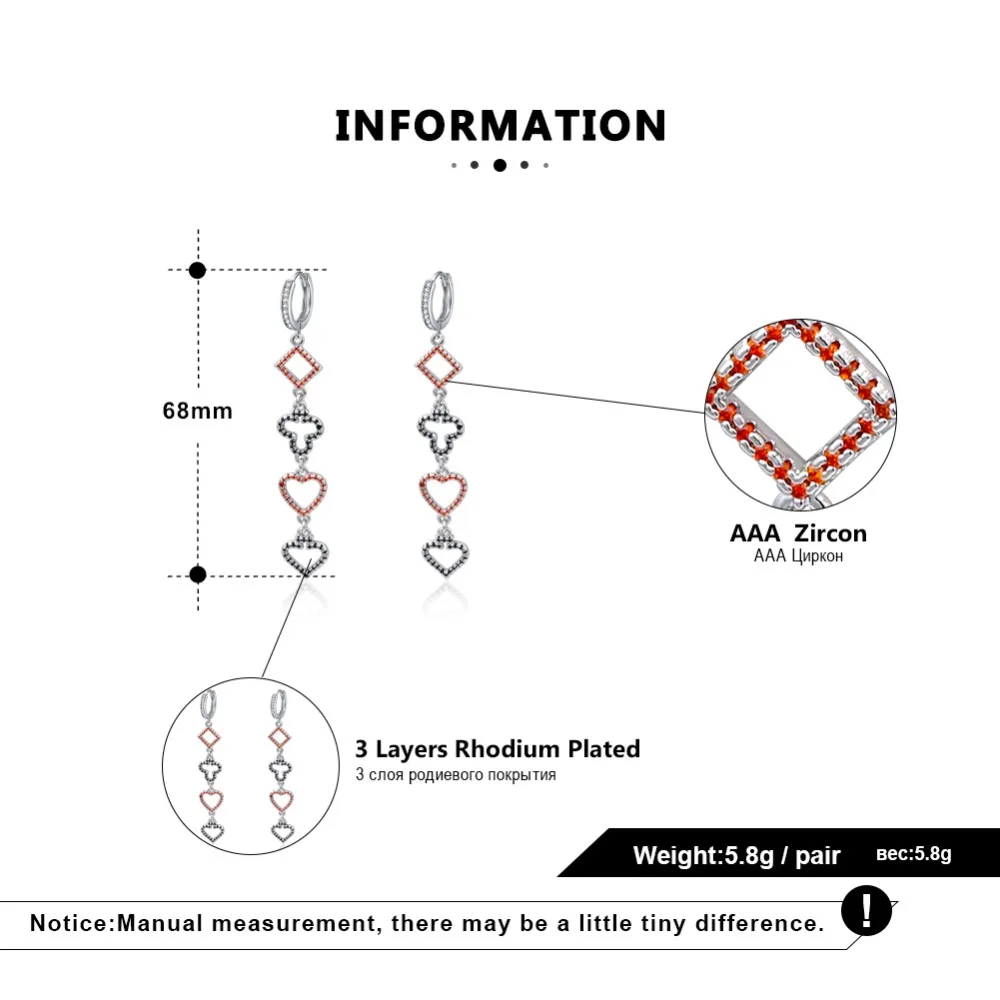 Effie queen Винтажные серьги-кольца для женщин AAA CZ покерный узор 68 мм длинные серьги сердце ювелирные изделия Красный Черный Камень Aretes DE248