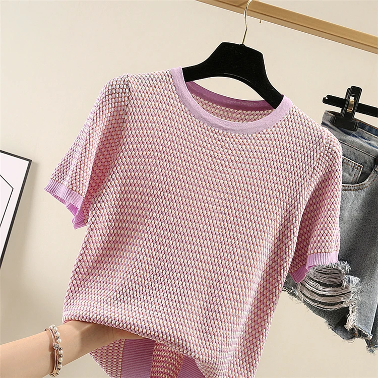 

2019 Direct Selling Regular Kpop Unicorn Korean Tshirt Women Cotton Knitted Sleeve Plaid O-neck New Style Summer Slim Fit