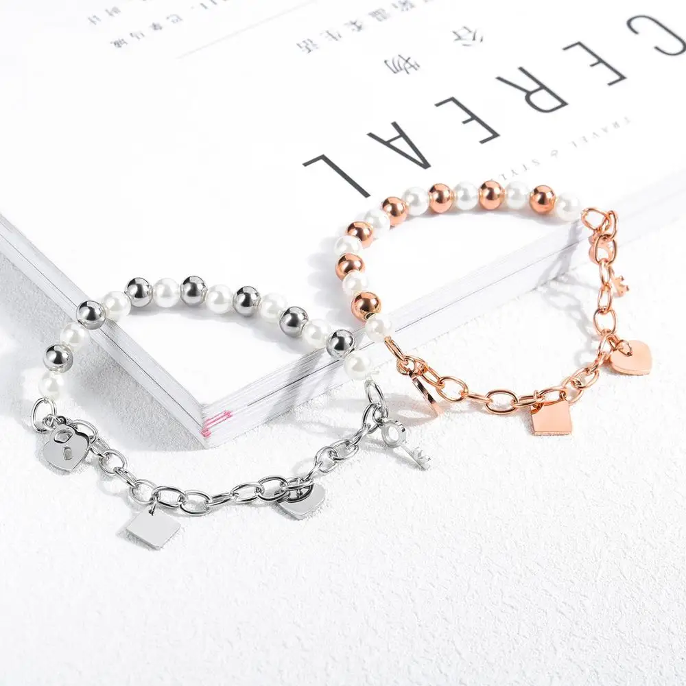 Stainless Steel Silver Rose Gold Color Love Heart Square Pattern Decorating Chain Bracelets New Fashion Jewelry Gift for Woman | Украшения