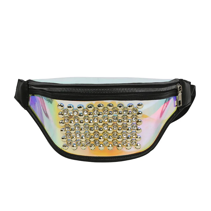 Black waist bag Для девочек, лазерная поясная сумка, ПВХ, нагрудная сумка, алмазная заклепка для женщин, поясная сумка, водонепроницаемая, ПВХ, поясная сумка, дорожные сумки, 030226 - Цвет: Black waist bag