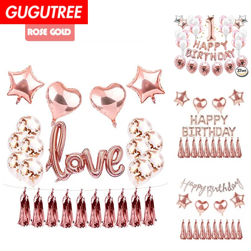 

GUGUTREE PARTY one set rose gold silver latex foil ballon Banners Paper flowers tassels Streamers happy birthday party PD-89
