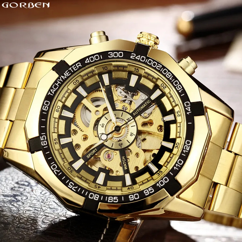 Hot Sale Luxury Golden Luminous Automatic font b Mechanical b font Skeleton Dial Stainless Steel Band