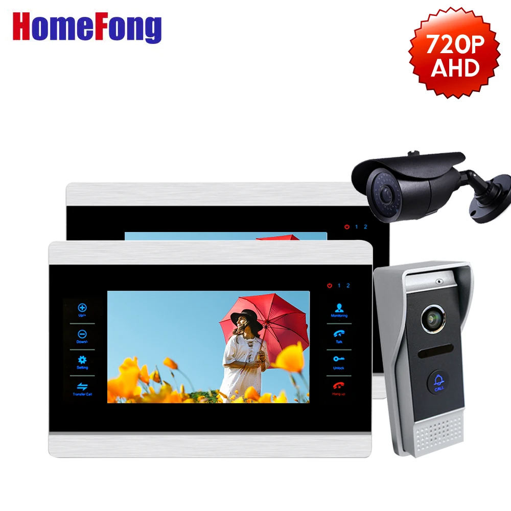 Homefong AHD 720P Video DoorPhone Doorbell Two Monitors IR Night Vision Outdoor Call Panel 1 CCTV Security Camera Motion Record