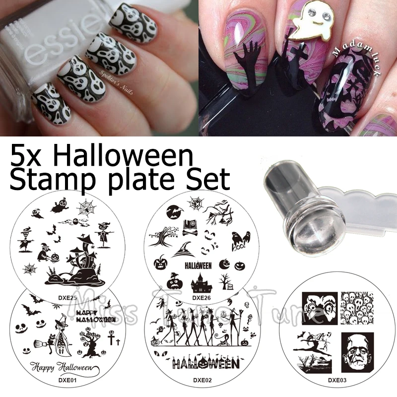 

5pcs/Set Halloween Stamp Plate Random Styles Stamper Scraper Nail Art Nail Stamping Template Polish Transfer Nail Tools DXE