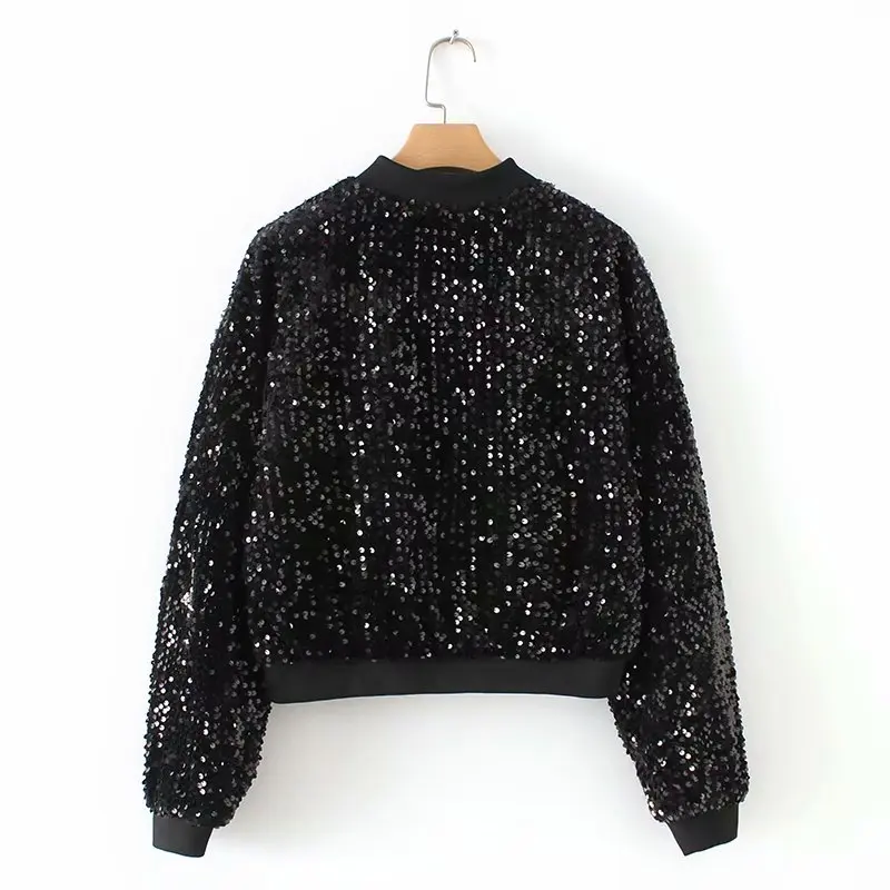 low cost  2018 Autumn Women Chic Sequined Jacket Coats Pockets Long Sleeve Zipper Design Outerwear Vintage Fe