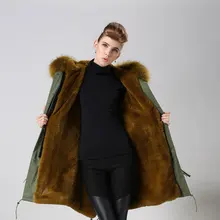 Верхняя меховая подкладка армейский зеленый огромный мех енота толстовки, дамы теплая одежда зимой Вечерние