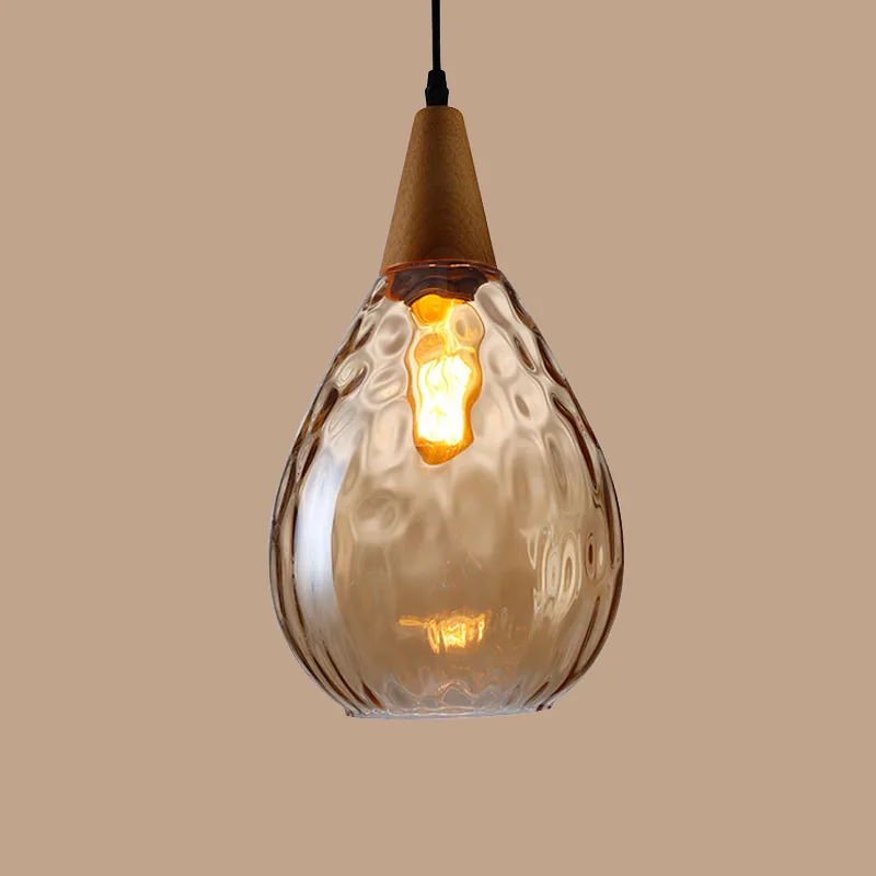 Modern Glass Pendant Light Vintage Amber Smoky Clear Glass Wood Hanging Pendant Lamp Decorative Indoor Pendant Light E27 E26 (19)