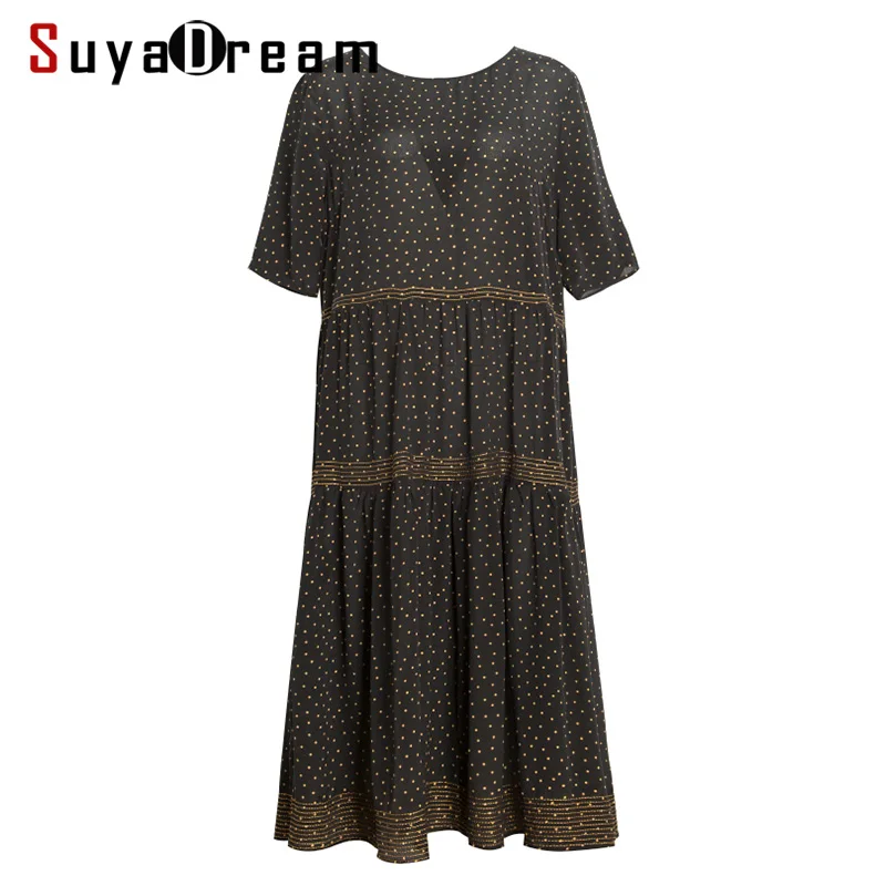 Women A-Line Dress 100%Real Silk Dots Printed O neck Long Dresses Calf Length Loose Dress New Summer Dress