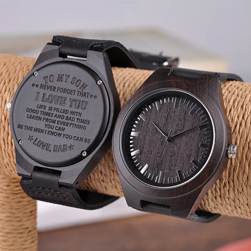 Men Watches Creative Design Logo Engrave on Wood Watch Groomsman Idea Gifts Leather Strap Casual Clock Relogio Masculino D26