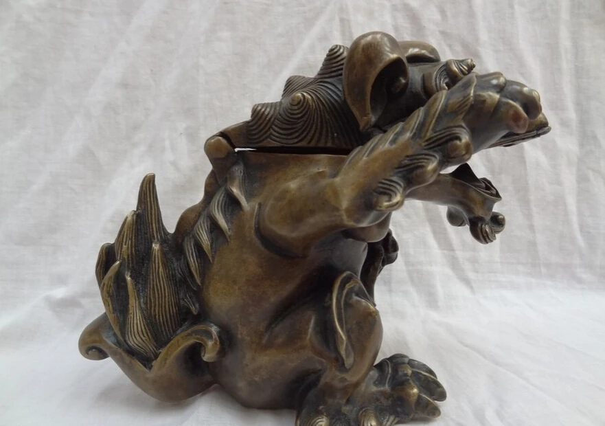 

S5232 9" China Bronze Wealth Lion Box PiXiu Unicorn Head Statue Incense Burner Censer D0318