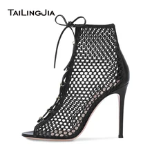 Open Peep Toe High Heel Mesh Boots Women Black Heeled Lace Up Ankle Booties Summer Shoes Ladies Heels Sexy Fishnet Sandals 2019 black leather look lace up ladies heeled sandals