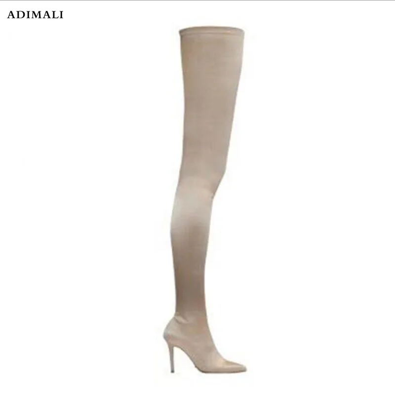 

2018 Fashion Runway Crystal Stretch Fabric Sock Boots Pointy Toe Over-the-Knee Heel Thigh High Pointed Toe Women solid Boots